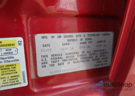 2009 Pontiac G3 z USA, uszkodzony, nr VIN KL2TD66E09B654637